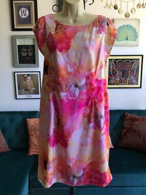 LIZ CLAIBORNE size 12 Pink & yellow Watercolor Floral Print Summer Dress